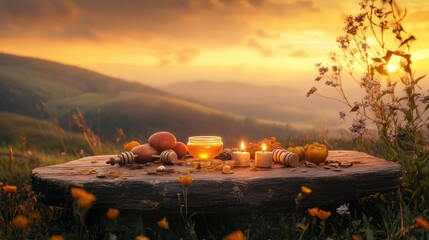 Canvas Print - A rustic altar with offerings of honey and candles glowing under the sunset’s warm light