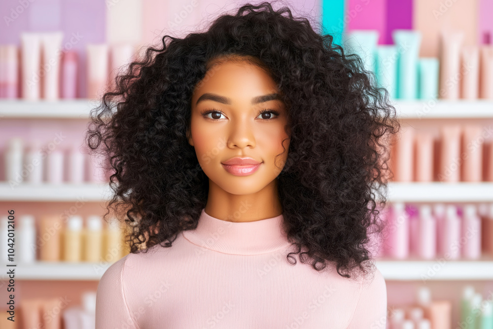 Beautiful young woman with afro hair is posing in a hair salon ...