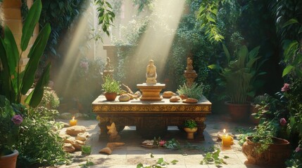 Canvas Print - Mystical altar in a garden adorned with herbs bread and a statue glowing in soft light