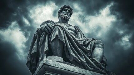 Canvas Print - A marble statue in a low-angle shot with detailed clothing and a dramatic sky background