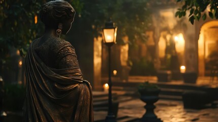 Canvas Print - Dimly lit statue in a courtyard with lantern light highlighting intricate fabric carvings