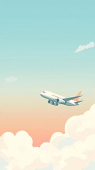 Poster - White airplane soars gracefully above colorful clouds at sunset, evoking feelings of freedom and wanderlust. Perfect for travel backgrounds