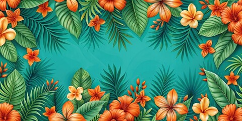 Wide-angle decorative pattern of tropical orange and green flower on a teal background