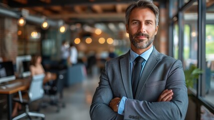 Wall Mural - In a modern, open-plan office with creative lighting and furniture, a confident business professional stands with arms crossed, embodying leadership and style