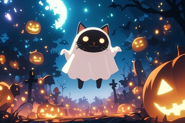 Cute Ghost Cat in Halloween Night.