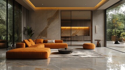 Poster - A living room with a large orange couch and a coffee table