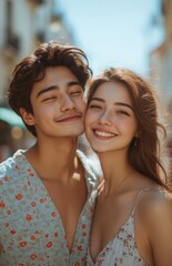 Happy couple in love, man kissing woman's cheek in city center