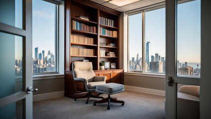 A softly blurred corner of an office with bookshelves, a comfortable chair, and a window view of a city skyline, creating an inviting atmosphere.