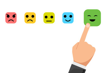 Poster - client's hand picked the happy face smile face, Customer service evaluation and satisfaction survey concept. copy space