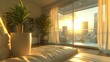 © aicandy - A beautifully serene modern living room bathed in soft, golden sunset light, with large plants and plush seating overlooking a cityscape through glass doors