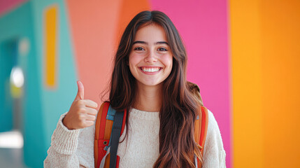 Wall Mural - A girl with a backpack is smiling and giving a thumbs up