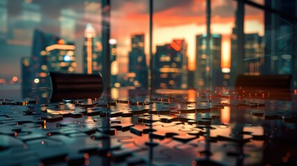 Teamwork and Clarity in Business: Assembling Glass Puzzle in Boardroom with City Lights