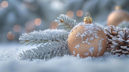 A close-up view of a beautifully detailed Christmas ornament ball covered in sparkling snow, nestled among pine branches and pinecones in a serene winter setting