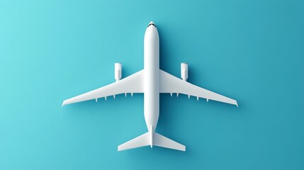 Poster - Serene image with a white airplane model on a blue background, symbolizing travel and adventure. Perfect for travel themes, with ample copy space