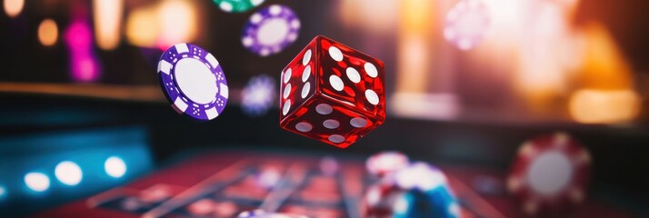 Poster - Red dice soar mid-air above a craps table filled with scattered chips, capturing a thrilling moment in the gaming action. Generative AI
