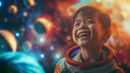 Happy young boy wearing an astronaut suit smiles with a galaxy in the background