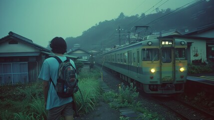 A serene morning scene with a lone traveler waiting for a rural train amidst misty hills and lush greenery, capturing the essence of peaceful travel