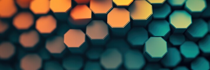 Poster - a dynamic arrangement of hexagonal shapes in various hues gradually converges towards the center, sh