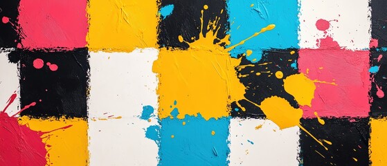 Poster - Modern art composition with splashes of bright, bold colors overlaying a monochrome checkerboard pattern, the chaotic paint strokes giving a sense of energy and movement