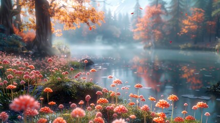 Poster - Enchanted Forest Lake: Autumnal Scenery with Pink Flowers