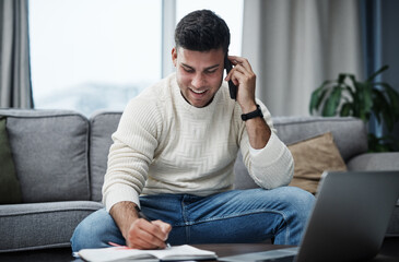 Poster - House, phone call and writing with man, laptop and communication with schedule, talking and deadline. Apartment, freelancer or person with connection, notebook or planning with network or digital app