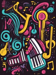 Poster - A collection of playful doodles including musical instruments, notes, and sound waves, showcasing creativity and rhythm in a vibrant style. Generative AI