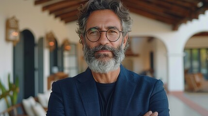 Portrait of a distinguished individual with glasses and a beard, set in an elegant architectural environment with wooden beam ceiling