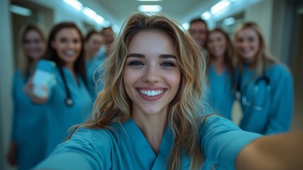 Poster - A group of smiling nurses in blue scrubs are posing for a picture