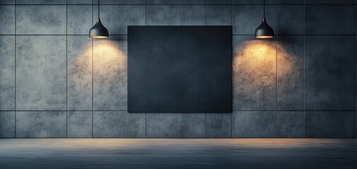 Poster - Darkthemed interior with black rectangular board, focused lighting from two overhead lamps, sleek and professional look