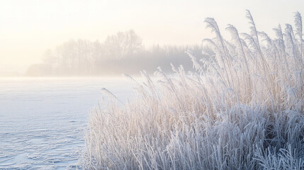 Wall Mural - hoarfrost-covered reeds stand by the frozen lake shore on a misty winter morning