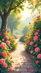 Poster - A path lined with pink flowers leads to a garden