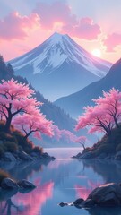 Poster - A beautiful mountain landscape with a river and a pink tree