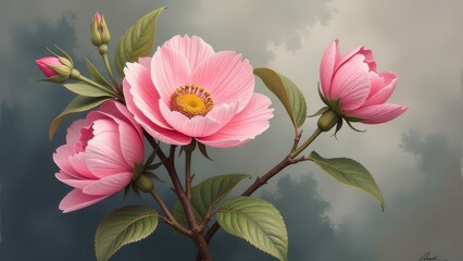 Poster - A painting of three pink flowers on a branch