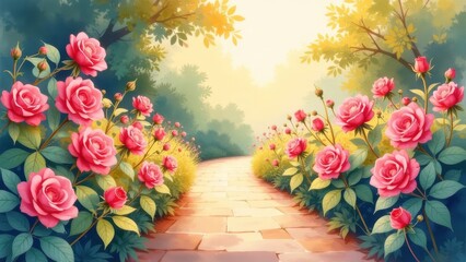 Poster - A path lined with pink flowers leads to a garden