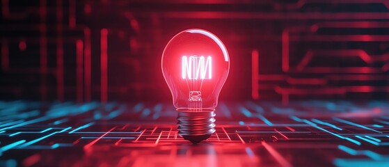 Aufkleber - Red light bulb glowing on a digital matrix background.