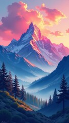Poster - A mountain range with a large peak in the background