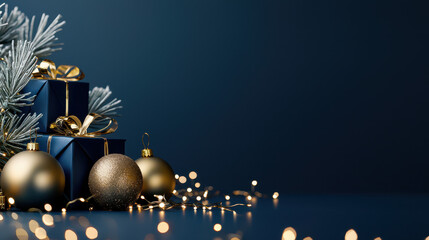 Wall Mural - Festively arranged blue gift boxes and golden ornaments surrounded by twinkling lights on a dark blue background