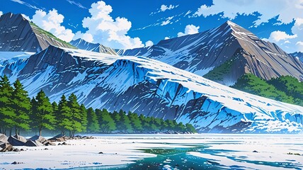 glacier in the mountains hyper realistic, creating a serene nature escape. Anime style