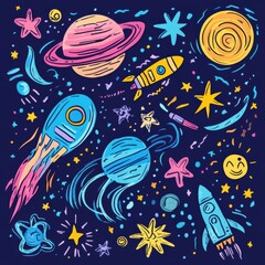 Poster - A vibrant mix of cosmic doodles showcases various planets, rockets, asteroids, and stars, capturing imaginative outer space elements. Generative AI