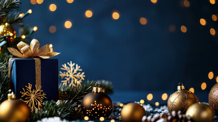 Poster - Festive holiday scene featuring a wrapped gift with a golden ribbon surrounded by Christmas ornaments and pine branches