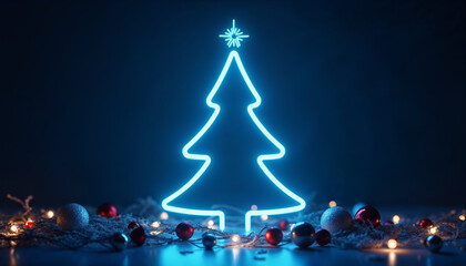 Poster - Glowing neon Christmas tree in the blue room with baubles and Xmas decorations