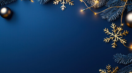 Poster - Festive winter arrangement featuring blue background, pine branches, golden snowflakes, and decorative ornaments with warm string lights