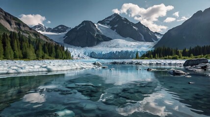 glacier in the mountains hyper realistic, creating a serene nature escape.