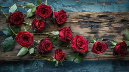 Place a few red roses on a rustic wooden surface, focusing on the vibrant red petals against the textured wood for a dramatic, romantic look.