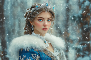 Portrait of a very beautiful woman in a winter forest, a fairy or mistress of the forest walks around her domain