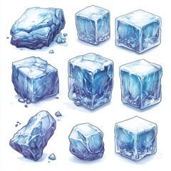 Poster - A collection of illustrated ice cubes and chunks showcasing various shapes and textures.