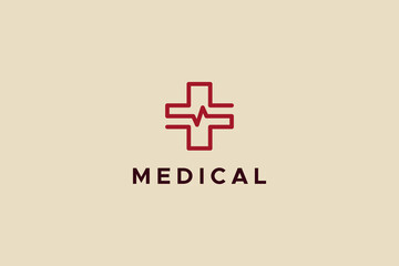 Poster - Healthcare Medical Logo. Red Geometric Linear Cross Sign Health Icon Combined With Pulse Isolated On Bright Background. Flat Vector Logo Design Template Element.