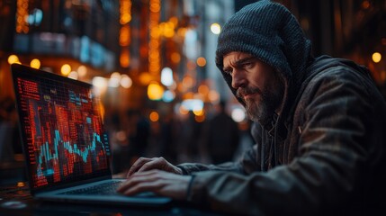 Poster - A man is sitting at a table with a laptop open, typing on the keyboard
