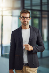 Fototapete - Business, confidence and portrait of man in office for opportunity, architecture or ambition at startup. Consultant, architect or designer with professional pride, smile and job at creative agency.