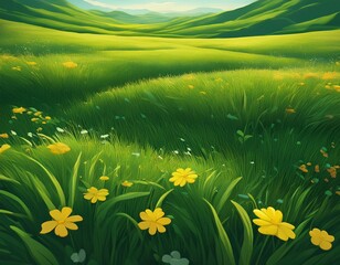 Sticker - a field of green grass with a few yellow flowers the field is very large and is full of grass